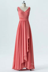 V Neck and V Back High Low Coral Chiffon Long Prom Dresses, Long Coral Formal Evening Bridesmaid Dresses with Slit