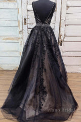 V Neck Backless Black Lace Long Prom Dress, Black Lace Formal Dress, Black Evening Dress