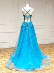 V Neck Backless Blue Lace Long Prom Dresses, Open Back Blue Lace Long Formal Evening Dresses