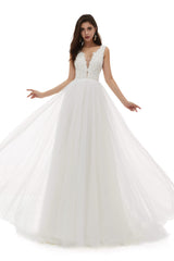 V-Neck Beaded Lace Beaded Applique Tulle Wedding Dresses