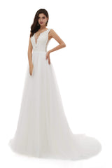 V-Neck Beaded Lace Beaded Applique Tulle Wedding Dresses