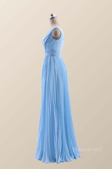 V Neck Blue Chiffon A-line Long Bridesmaid Dress