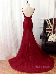 V Neck Burgundy Mermaid Lace Prom Dresses, Wine Red Mermaid Lace Formal Bridesmaid Dresses