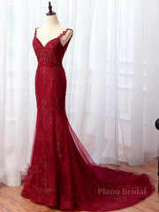 V Neck Burgundy Mermaid Lace Prom Dresses, Wine Red Mermaid Lace Formal Bridesmaid Dresses