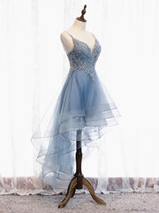 V Neck High Low Blue Lace Prom Dresses, Blue Lace High Low Formal Evening Graduation Dresses