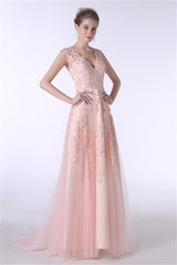 V-Neck Lace Applique Tulle A Line Peach Pink Prom Dresses