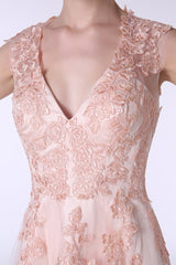 V-Neck Lace Applique Tulle A Line Peach Pink Prom Dresses