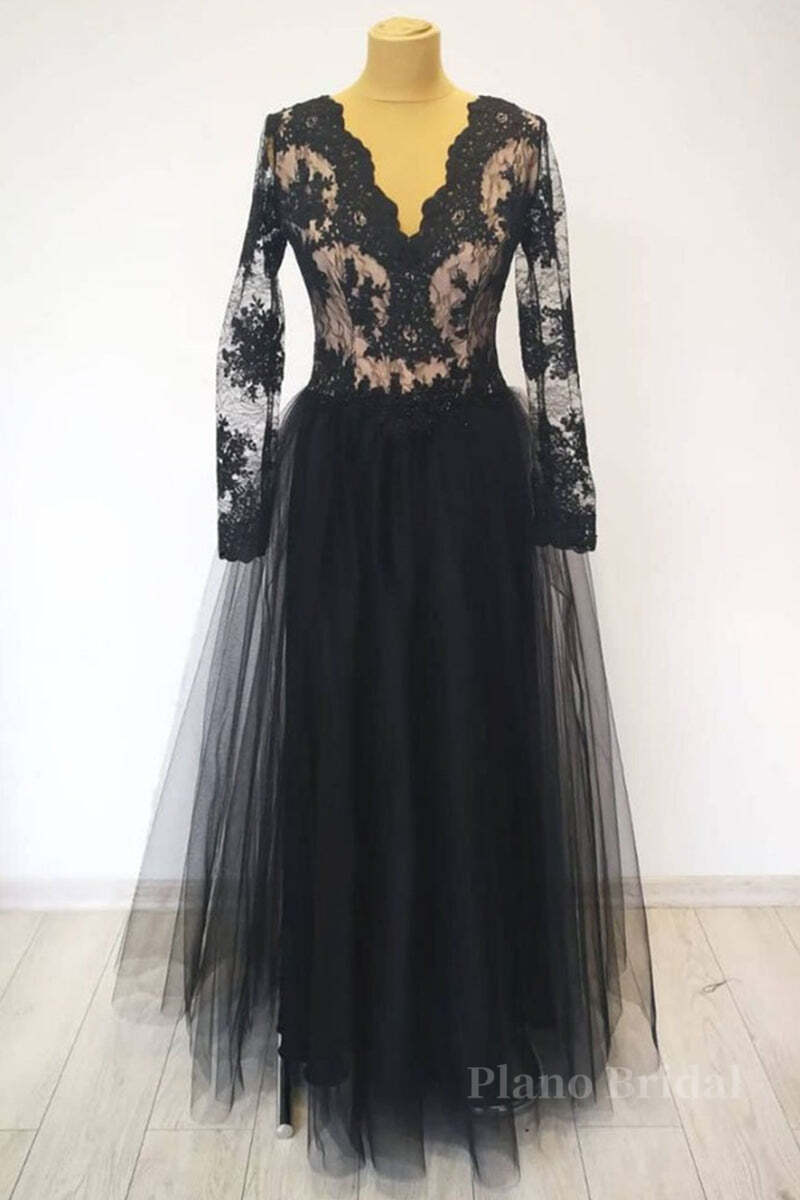 V Neck Long Sleeves Black Lace Long Prom Dress, Long Sleeves Black Lace Formal Dress, Black Lace Evening Dress