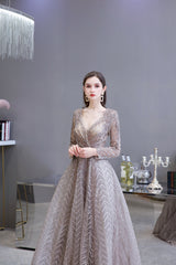 V-neck Long Sleeves Floor Length Lace A-line Prom Dresses