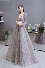V-neck Long Sleeves Floor Length Lace A-line Prom Dresses