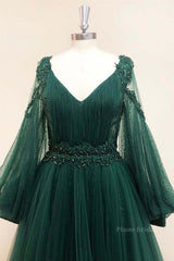 V Neck Long Sleeves Green Lace Prom Dresses, V Neck Green Lace Formal Evening Dresses