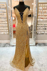 V Neck Mermaid Golden Sequins Long Prom Dress with High Slit, Mermaid Golden Formal Dress, Gold Sequins Evening Dress