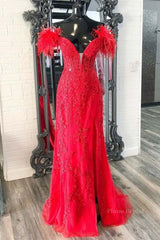 V Neck Mermaid Off Shoulder Red Lace Long Prom Dress, Mermaid Red Formal Dress, Red Lace Evening Dress