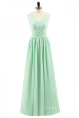 V Neck Mint Green Lace and Chiffon Long Bridesmaid Dress