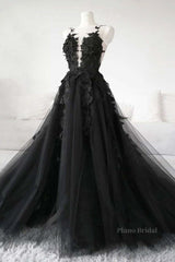 V Neck Open Back Black Tulle Lace Floral Long Prom Dresses, Black Lace Formal Evening Dresses with Appliques