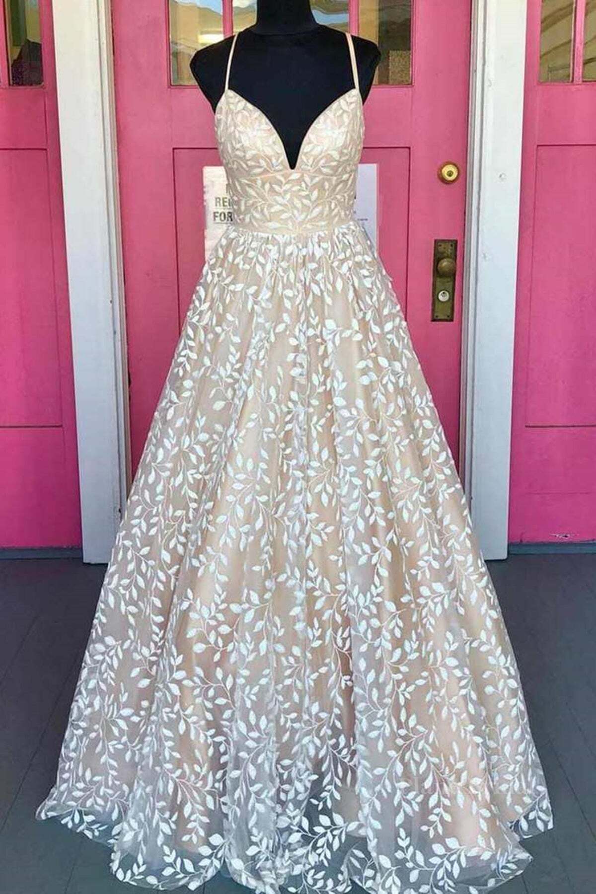 V Neck Open Back Champagne Lace Long Prom Dress, Champagne Lace Formal Graduation Evening Dress