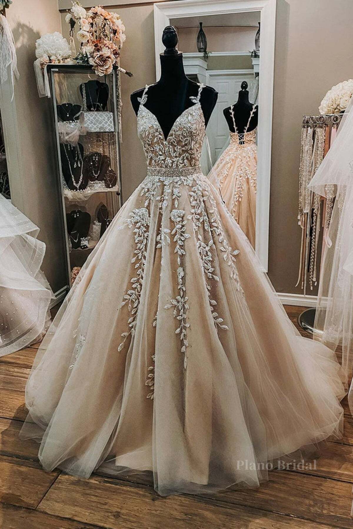 V Neck Open Back Champagne Tulle Lace Long Prom Dress with Belt, Champagne Lace Formal Evening Dress, Champagne Ball Gown