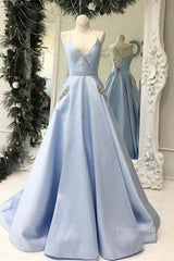 V Neck Open Back Light Blue Satin Long Prom Dresses with Pocket