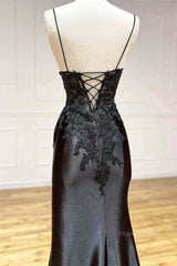 V Neck Open Back Mermaid Black Lace Long Prom Dress, Mermaid Black Lace Formal Dresses