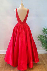 V Neck Open Back Red Lace Long Prom Dress, Red Lace Formal Dress, Beaded Red Evening Dress