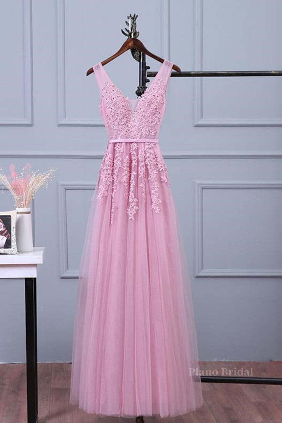 V Neck Pink Lace Prom Dresses, Pink V Neck Lace Bridesmaid Formal Dresses