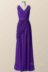 V Neck Purple Pleated Chiffon A-line Bridesmaid Dress