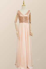 V Neck Rose Gold Sequin and Chiffon Long Bridesmaid Dress