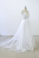 V-neck Ruffle Applqiues Tulle A-line Wedding Dress