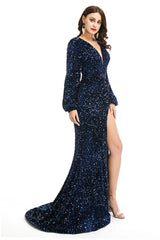 V-Neck Sequins Long Sleeve Side Split Formal Evening Dresses