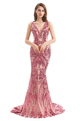 V-Neck Sequins Sleeveless Lace-up Mermaid Prom Dresses