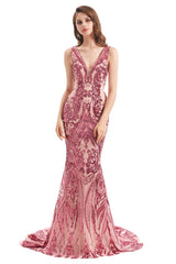 V-Neck Sequins Sleeveless Lace-up Mermaid Prom Dresses