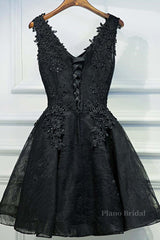 V Neck Short Black Lace Prom Dresses, Black Lace Homecoming Dresses, Short Black Formal Evening Dresses