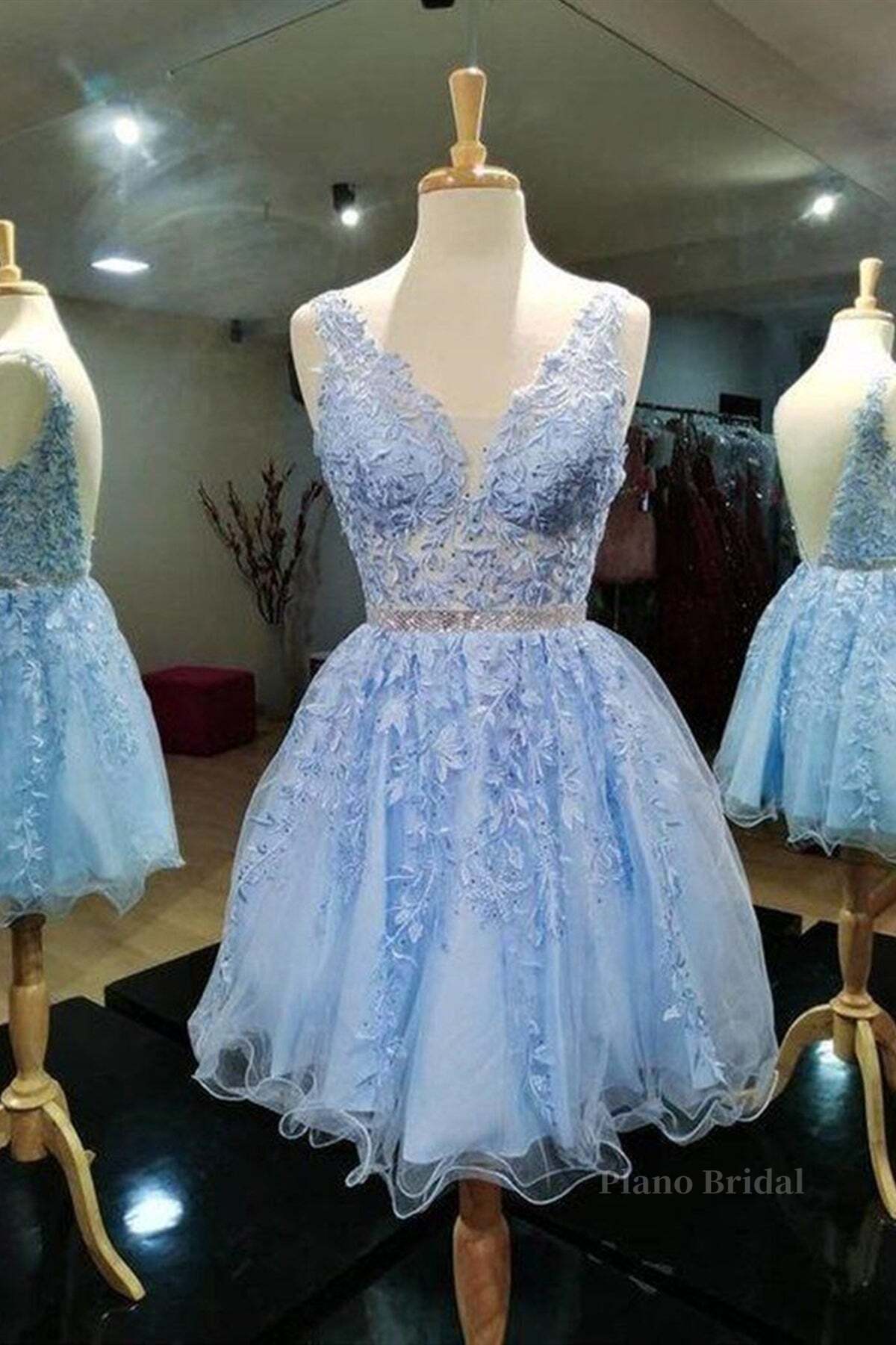 V Neck Short Blue Lace Prom Dresses, Short Blue Lace Formal Homecoming Dresses