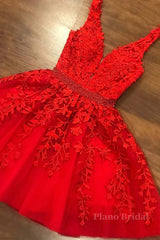 V Neck Short Red Lace Prom Dress with Beadings, Short Red Lace Formal Graduation Homecoming Dress