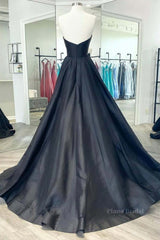 V Neck Strapless Black Satin Long Prom Dresses, Strapless Black Formal Dresses, Long Black Evening Dresses