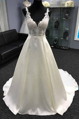 V neck White A line Lace appliques Princess Wedding Dress