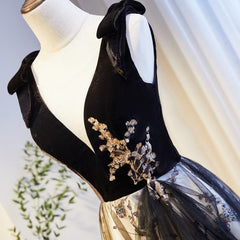 V-neckline Black Tulle with Velvet Top Long Evening Dress Party Dress, A-line Wedding Party Dress