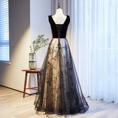 V-neckline Black Tulle with Velvet Top Long Evening Dress Party Dress, A-line Wedding Party Dress