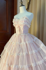 Pink Strapless Layers Tulle Long Party Dress, Glam Prom Dress Formal Gown