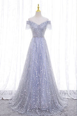 A-Line Tulle Sequins Long Prom Dress, Off the Shoulder Evening Party Dress