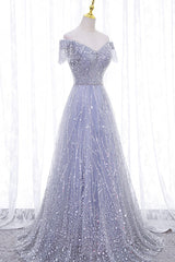 A-Line Tulle Sequins Long Prom Dress, Off the Shoulder Evening Party Dress