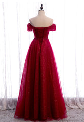 Burgundy Lace Long Prom Dresses, A-Line Off the Shoulder Evening Dresses