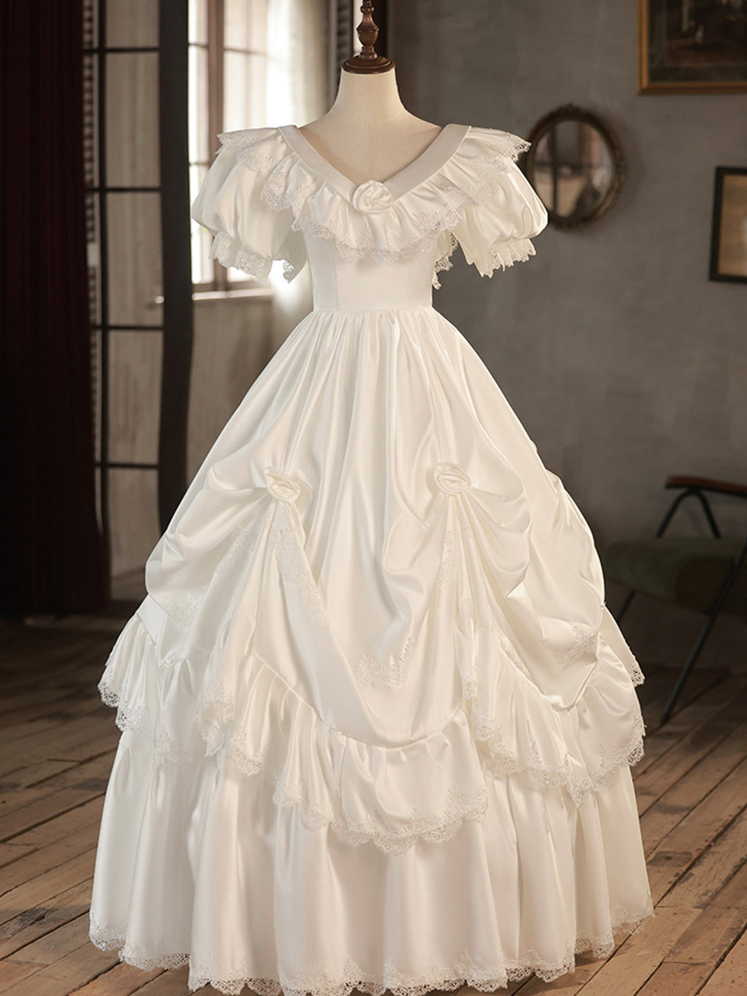 White V-Neck Satin Long Prom Dress, Lace Wedding Dress