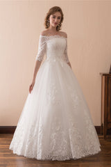 White Lace Long Sleeves Off Shoulder Strapless A Line Floor Length Wedding Dresses
