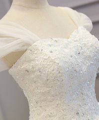 White Lace Tulle High Low Long Wedding Dress, Bridal Dress