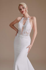 White Mermaid Halter Backless Sweep Train Wedding Dresses with Lace