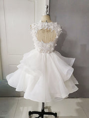 White Round Neck Tulle Lace Short Prom Dress, Puffy White Lace Homecoming Dress
