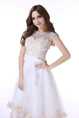 White Tulle Champagne Lace Tea Length Sleeveless Wedding Dresses