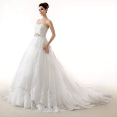 White Tulle Lace Strapless With Sash Wedding Dresses