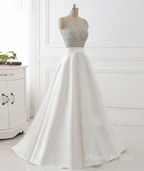 White v neck beads sequin long prom dress, white evening dress